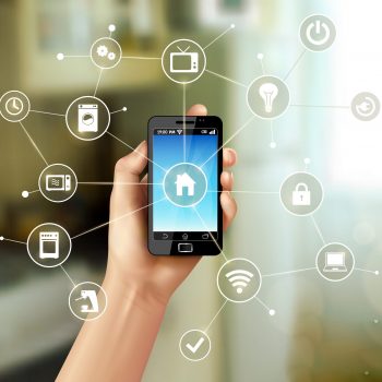 Internet of things concept with realistic human hand holding smartphone vector illustration